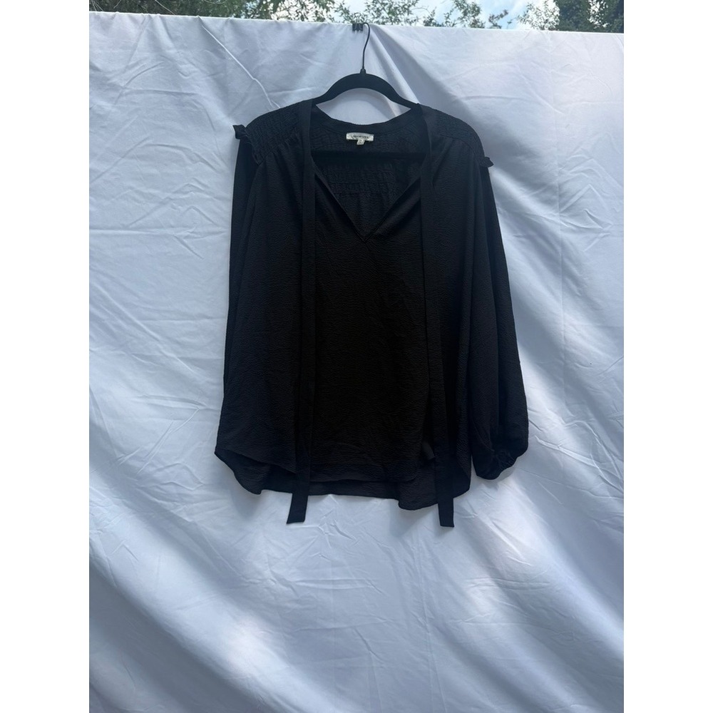 Max Studio Black Tie Neck Blouse Ruffle Smocked Long Sleeve Textured Top XL